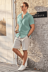 Lightweight linen or cotton button-down shirts with casual shorts